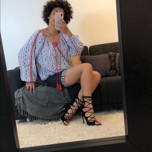 Boho ink print red stitch detail top